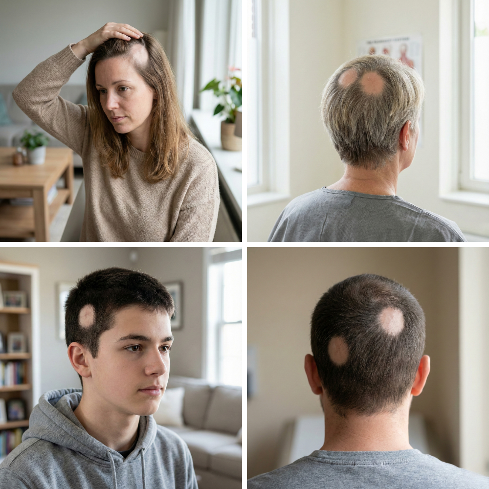Beispiele für lokalisierten oder fleckenförmigen Haarausfall bei Männern und Frauen