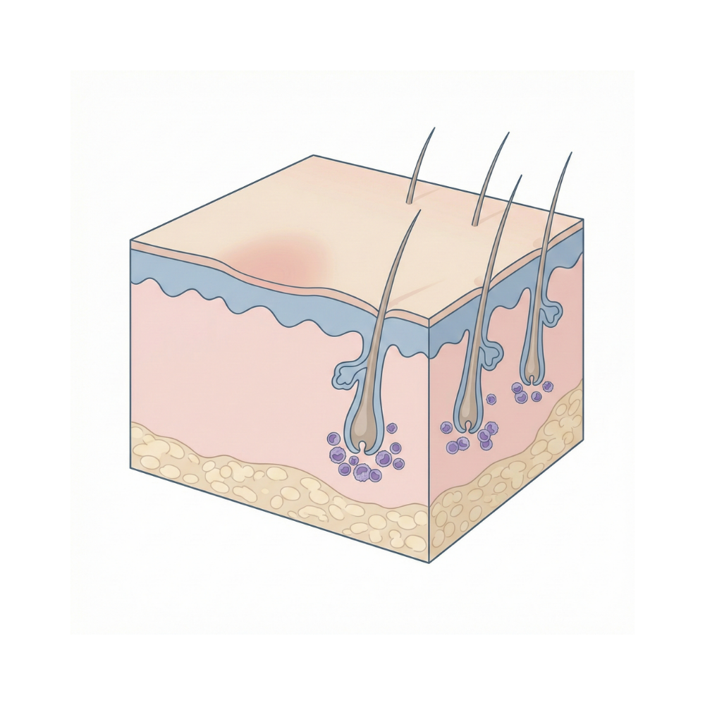 Medische illustratie van de hoofdhuid met intacte haarzakjes en lokale immuunactiviteit, passend bij alopecia areata (pleksgewijze haaruitval).