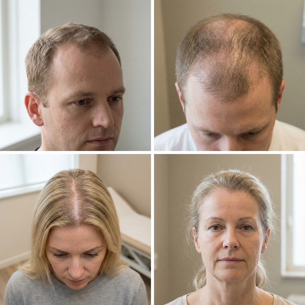 Beispiele für allmähliche oder erblich bedingte Haarverdünnung bei Männern und Frauen
