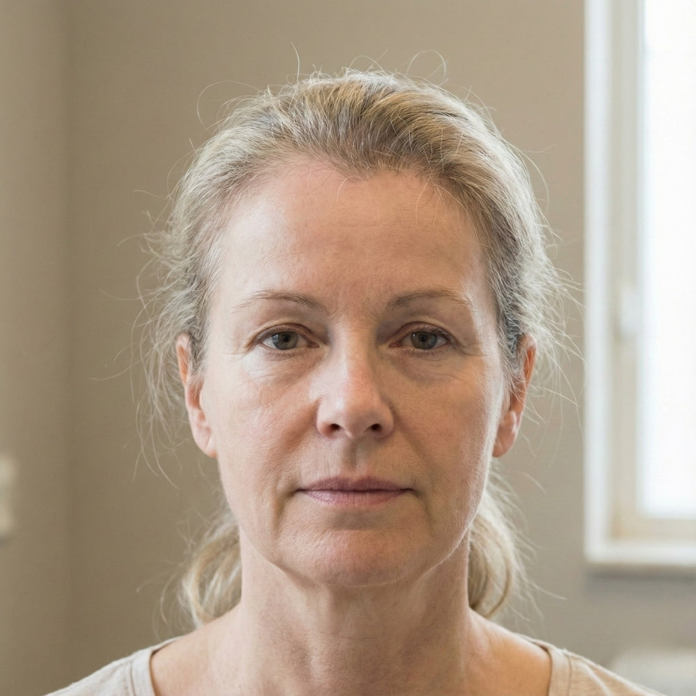 Frontaal portret van een vrouw met gelijkmatig verdeeld haar en een stabiele voorste haarlijn, zonder duidelijke kale plekken, met mogelijk vroege tekenen van haarverdunning.