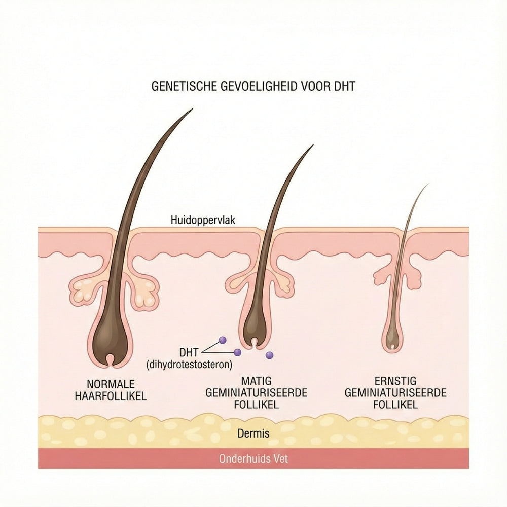 Illustratie van haarfollikel-miniaturisatie door genetische gevoeligheid voor DHT bij alopecia androgenetica.