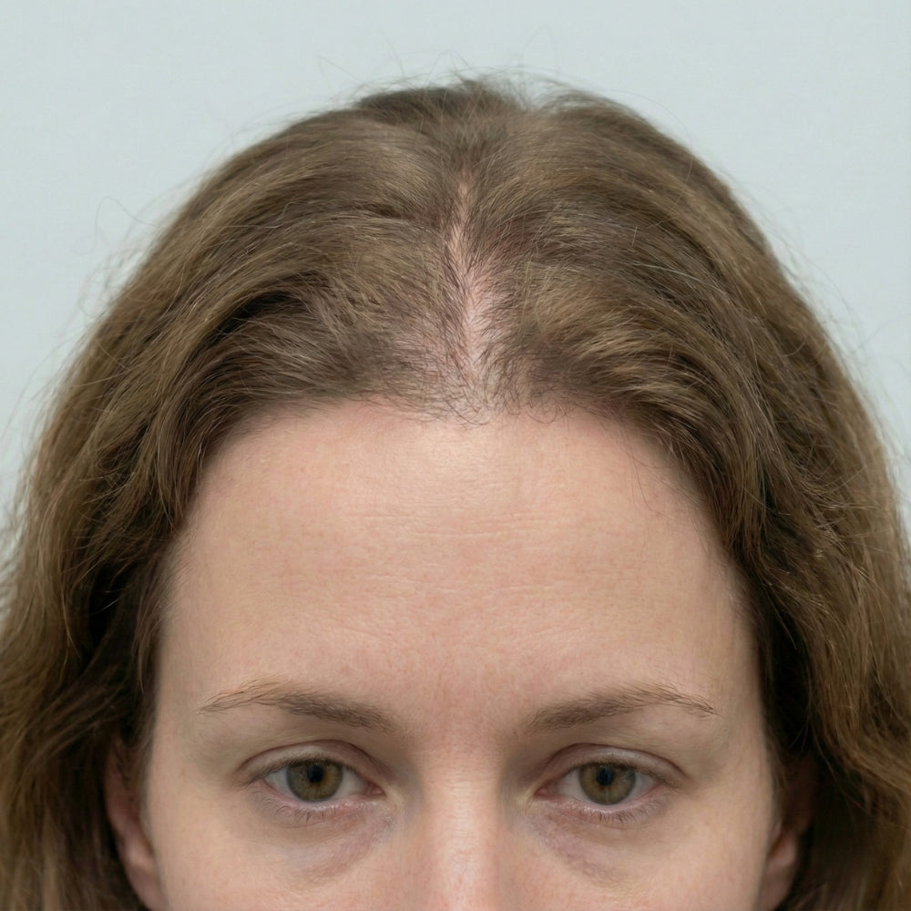 Vrouw met verminderde haardichtheid rond de middenscheiding en het midden van de hoofdhuid, passend bij diffuse haarverdunning bij alopecia androgenetica.