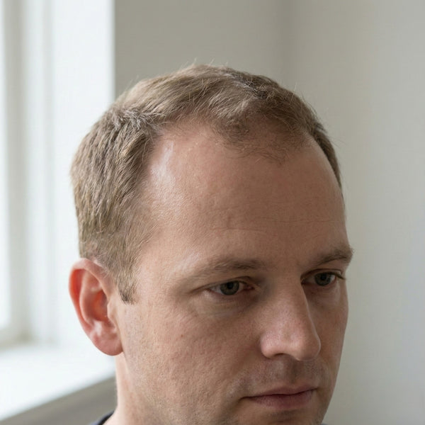 Man met terugwijkende haarlijn en zichtbare haarverdunning bij de slapen, passend bij alopecia androgenetica.