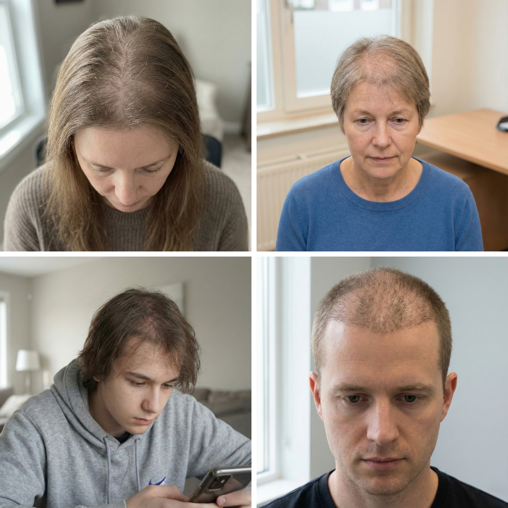 Voorbeelden van telogeen effluvium bij mannen en vrouwen, met diffuse haarverdunning over de gehele hoofdhuid zonder vast patroon, passend bij tijdelijk verhoogde haaruitval door verstoring van de haargroeicyclus.