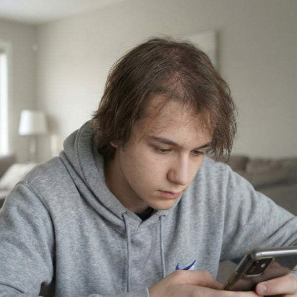 Jonge man met zichtbare haarverdunning bovenop het hoofd kijkt naar zijn telefoon, mogelijk in een vroeg stadium van haaruitval.