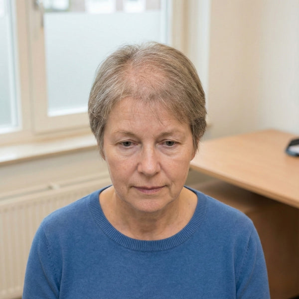 Frontaal beeld van een oudere vrouw met diffuse haarverdunning bovenop de hoofdhuid en een verbrede middenscheiding, passend bij leeftijdsgebonden of hormonale haarverdunning.