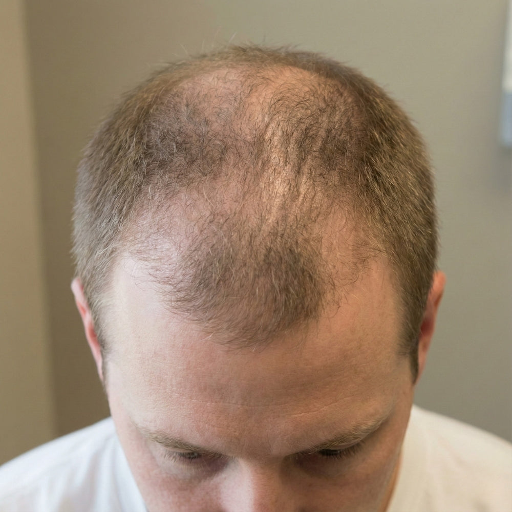 Bovenaanzicht van een man met zichtbaar dunner wordend haar op de kruin, passend bij alopecia androgenetica met voortschrijdende verdunning.