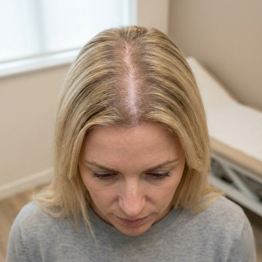 Vrouw met geleidelijke verbreding van de middenscheiding en diffuse haarverdunning, kenmerkend voor alopecia androgenetica bij vrouwen.