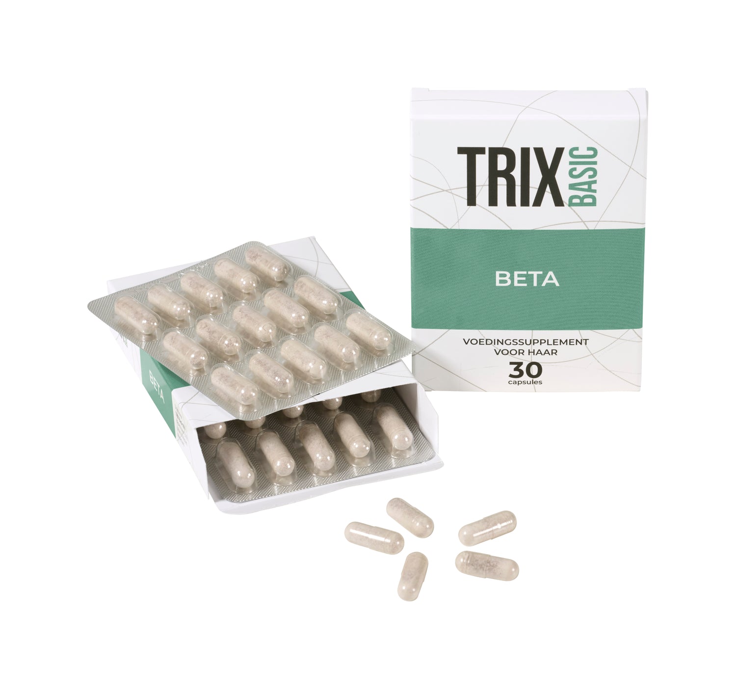 TRIX Basic Beta voedingssupplement voor haar, verpakking met capsules voor dagelijkse ondersteuning