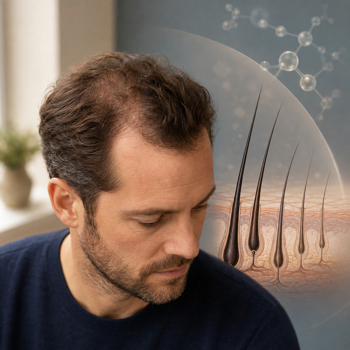 Mann mit typischem androgenetischem Haarausfall neben einer Illustration von DHT und Haarfollikeln
