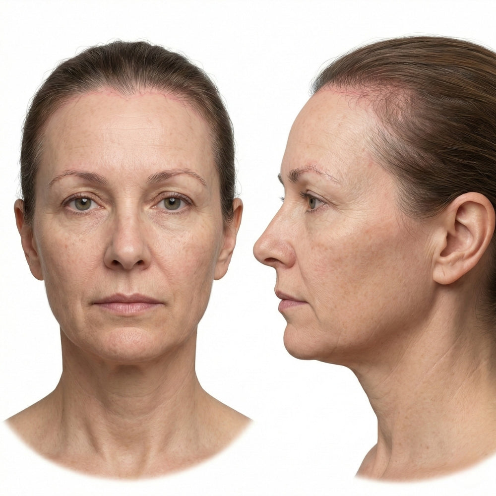 Klinische Illustration einer frontalen fibrosierenden Alopezie (FFA) mit zurückweichendem Haaransatz und leichter Augenbrauenverdünnung