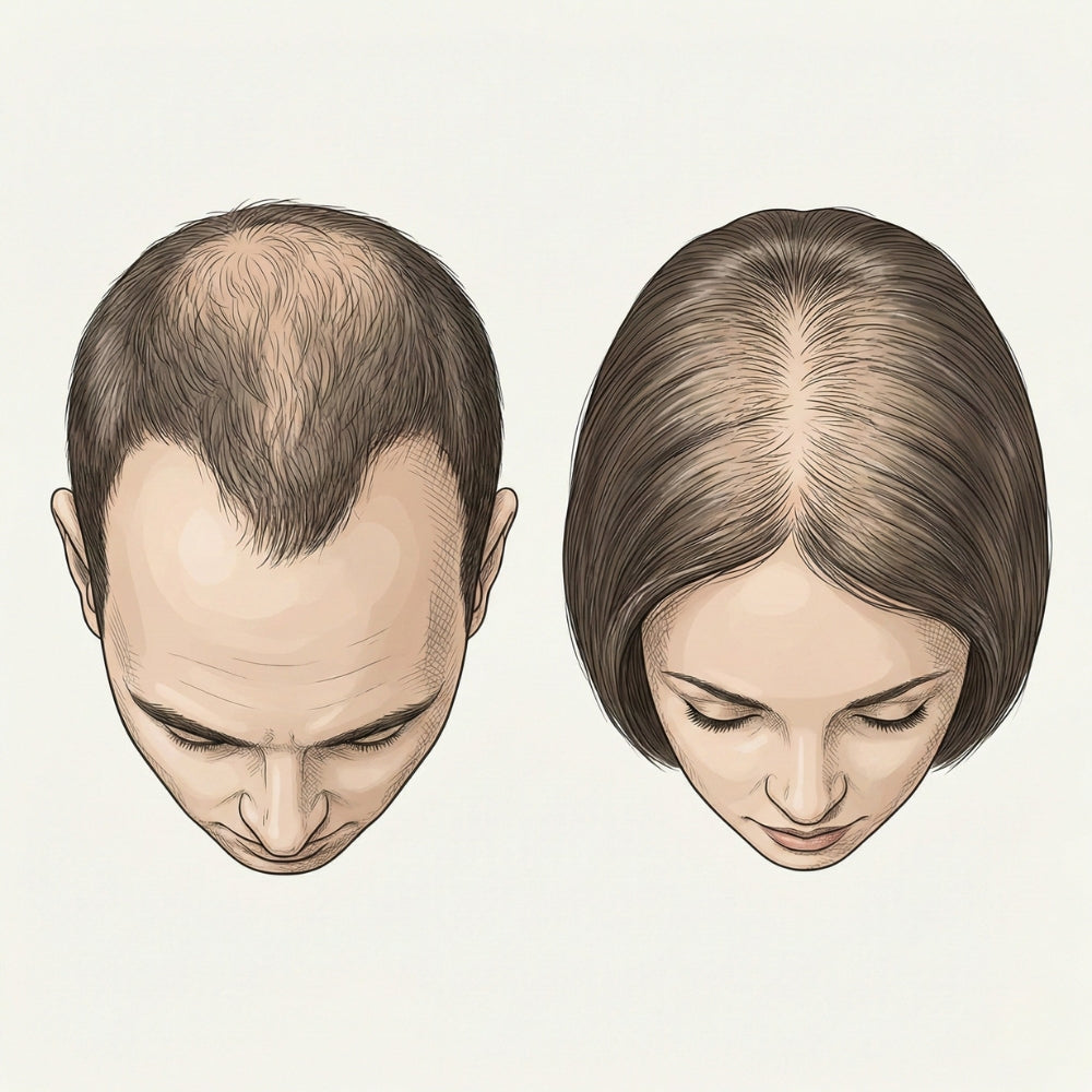 Illustratie van alopecia androgenetica bij mannen en vrouwen met kenmerkend verdunningspatroon.