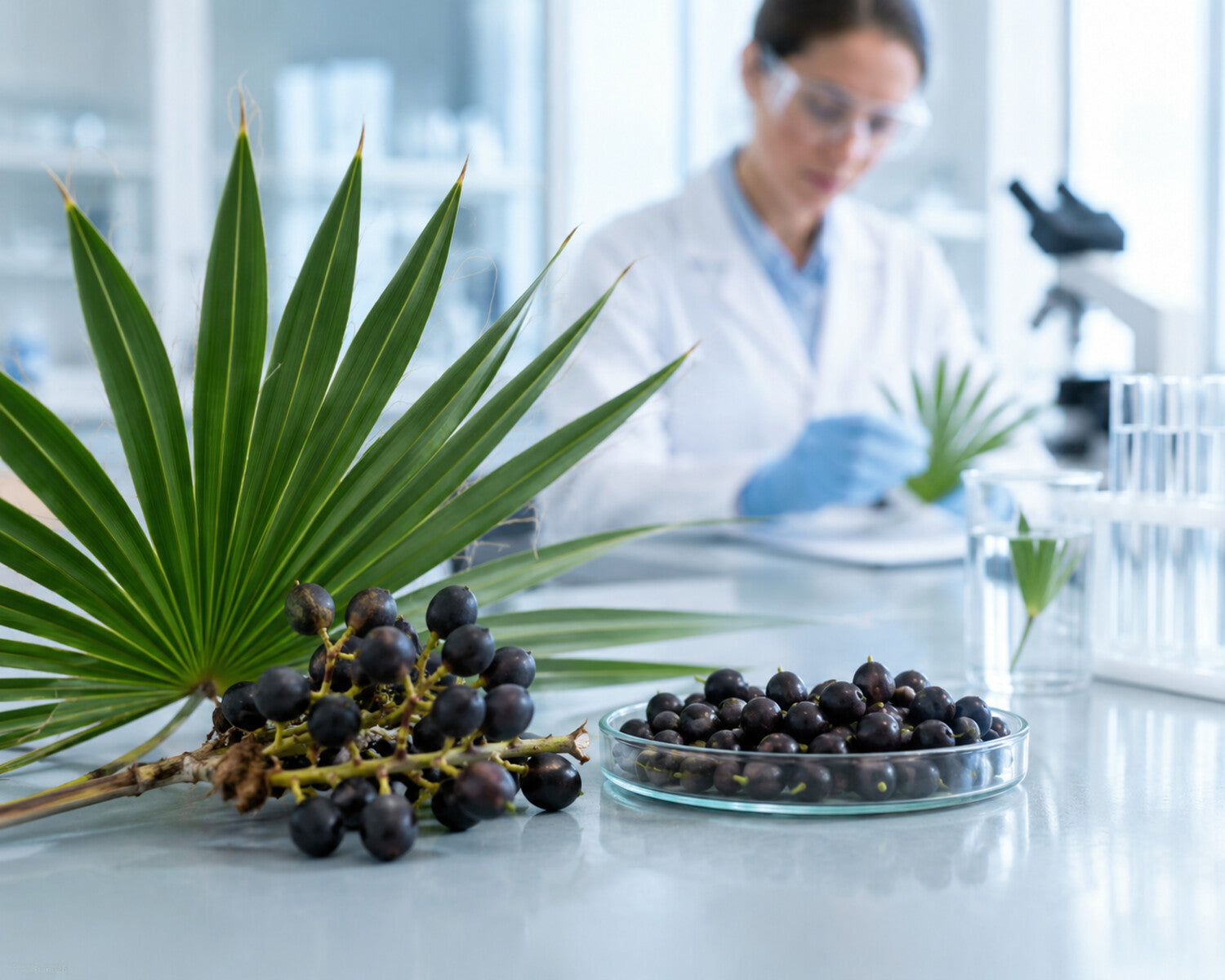 Sägepalmenblätter und dunkle Beeren werden im Labor untersucht
