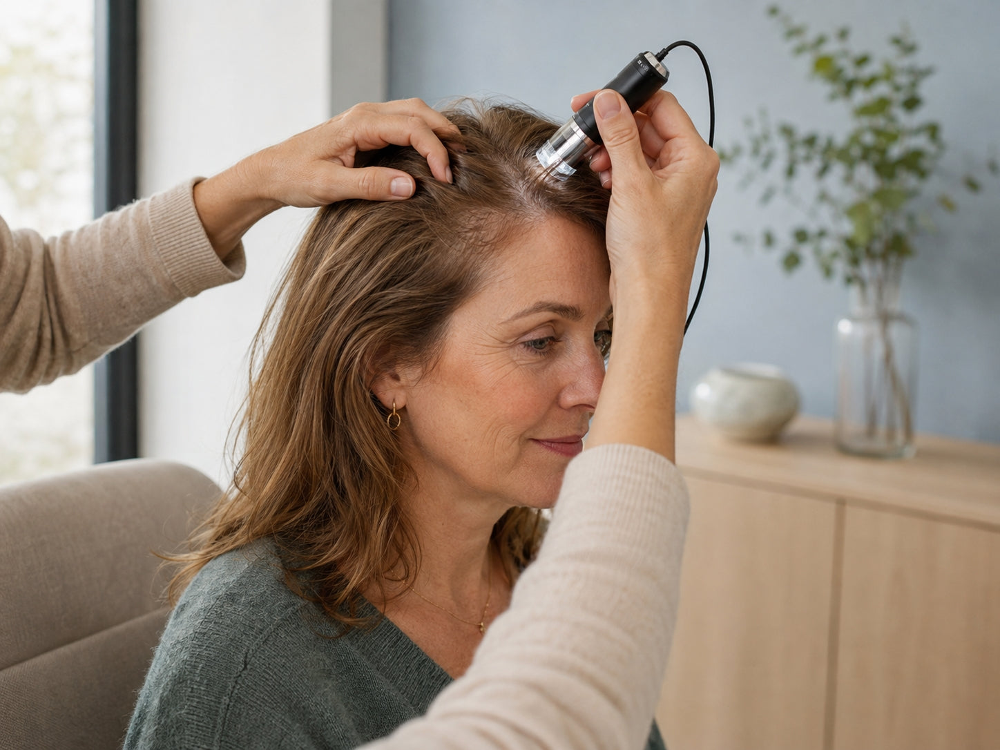 Professioneel onderzoek van de hoofdhuid en haarzakjes bij een vrouw.