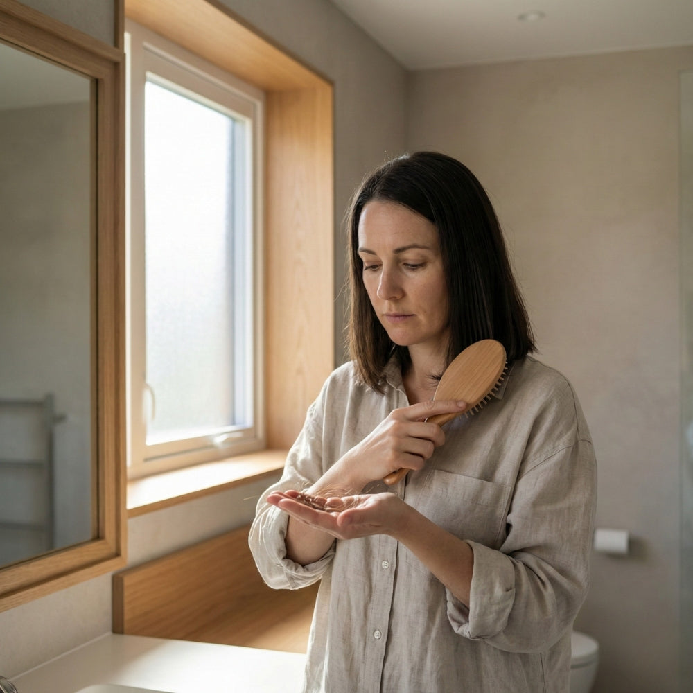 Persoon die tijdens een stressvolle periode toegenomen haaruitval opmerkt na het borstelen.