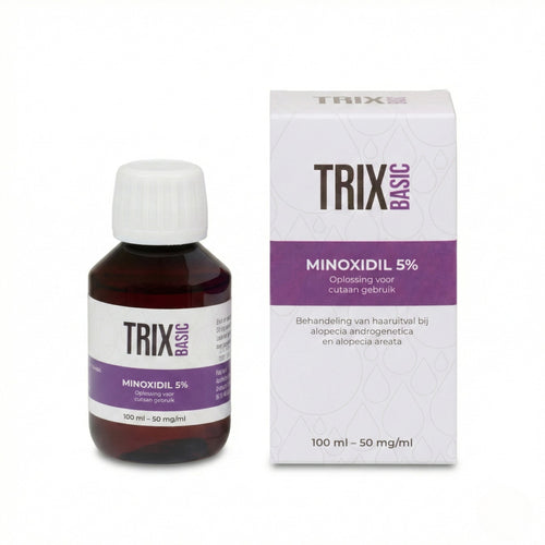 TRIX Basic Minoxidil 5 % Lotion mit Rosmarinöl, Flasche und Verpackung.