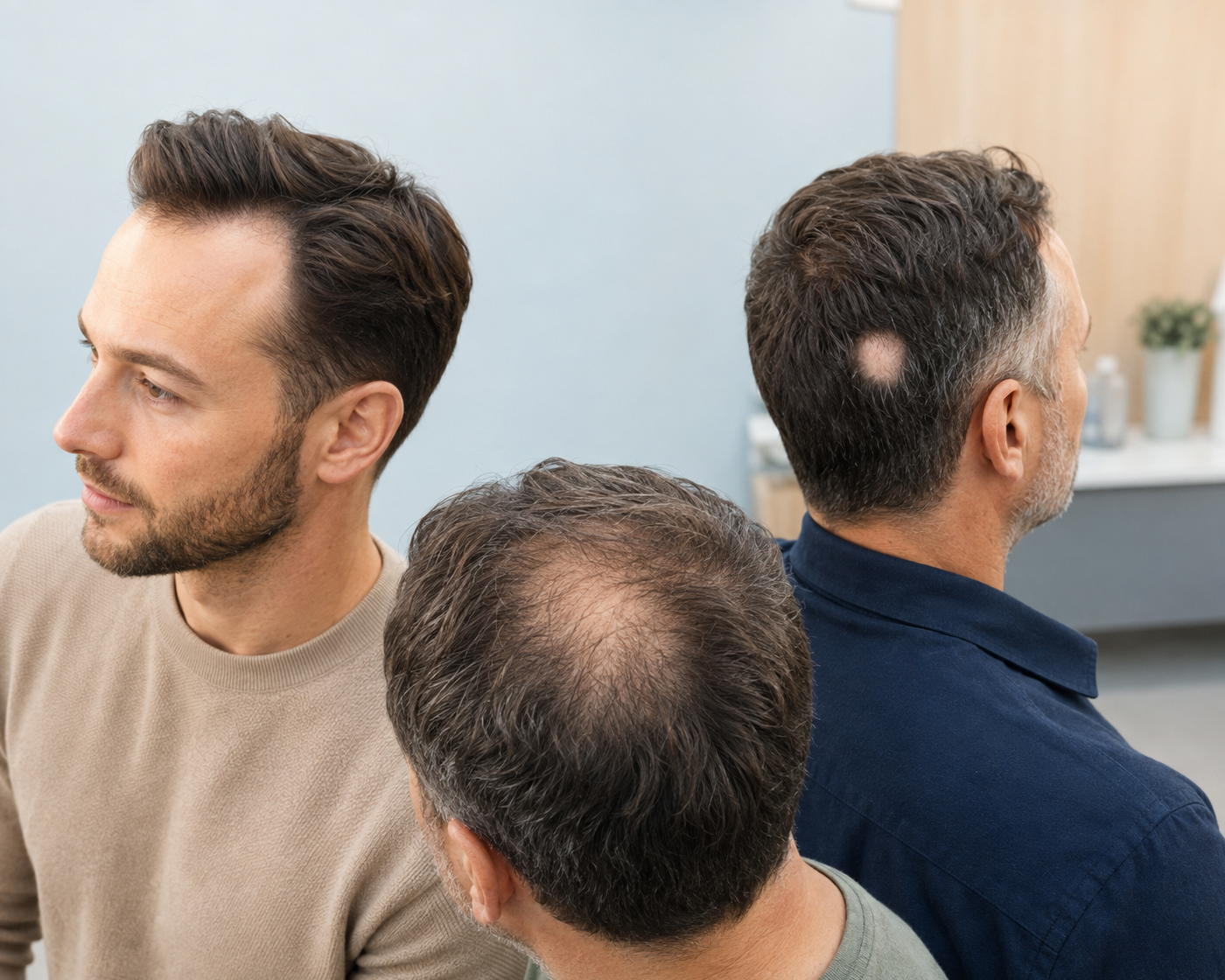 Drie mannen tonen verschillende patronen van haaruitval: terugwijkende inhammen, kruinverdunning en een plaatselijke kale plek.
