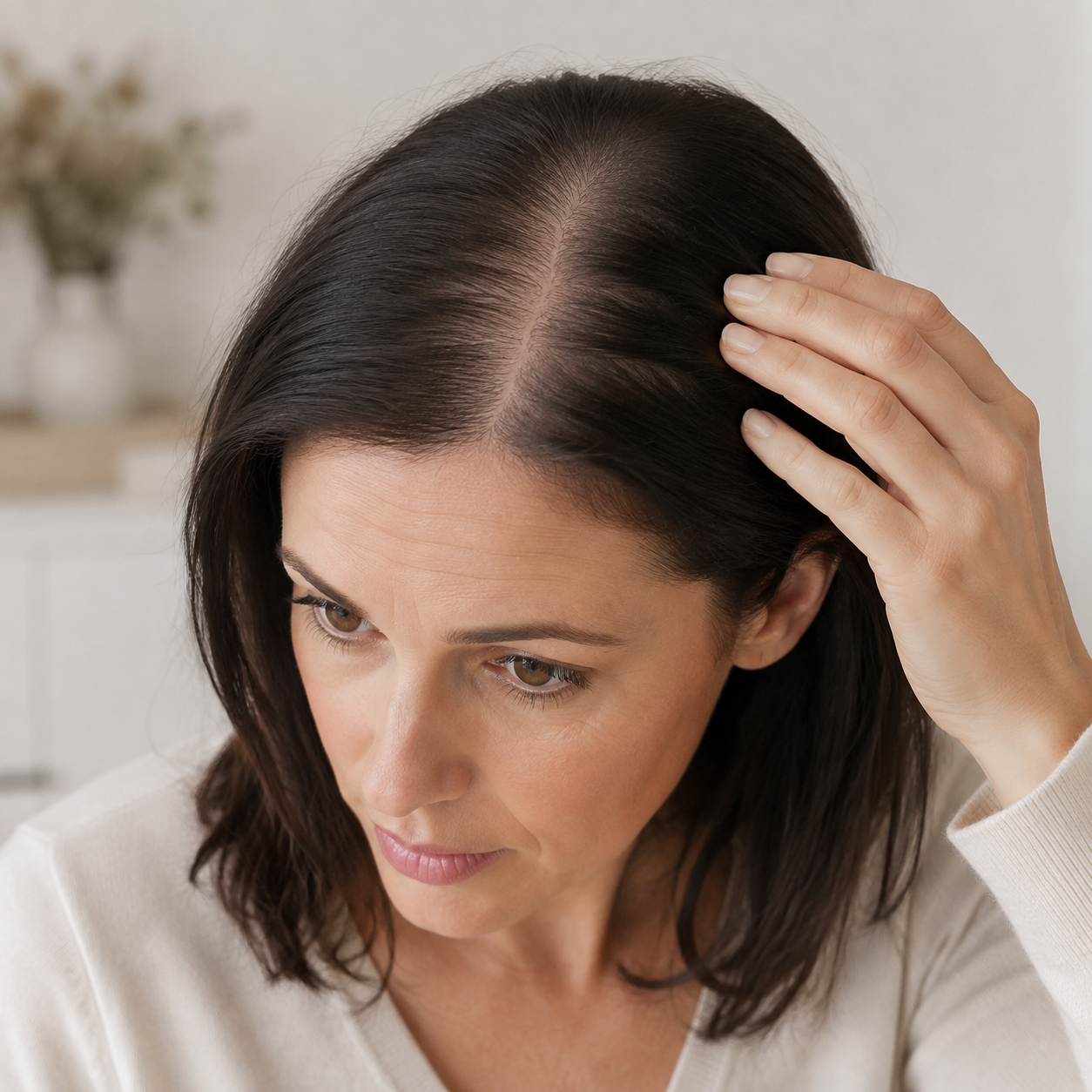 Vrouw met een geleidelijk bredere middenscheiding door vrouwelijke patroonverdunning.