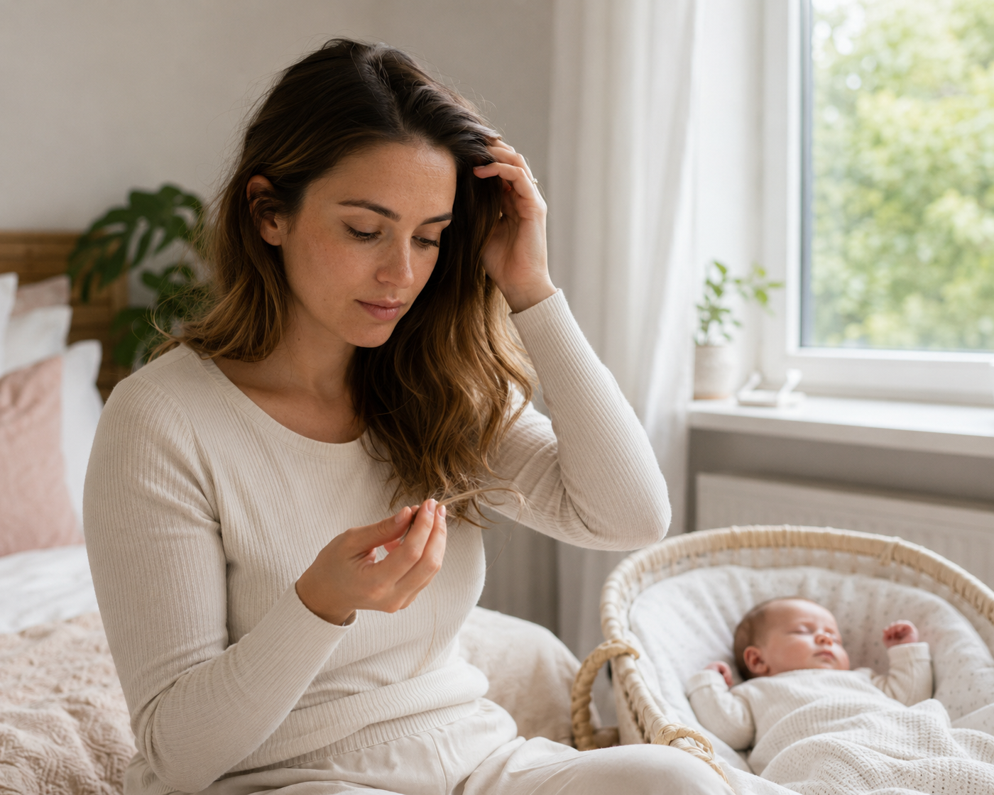 Eine Mutter bemerkt einige Monate nach der Geburt, dass ihr Baby neben ihr ruht und sie dabei einige Haare verliert.