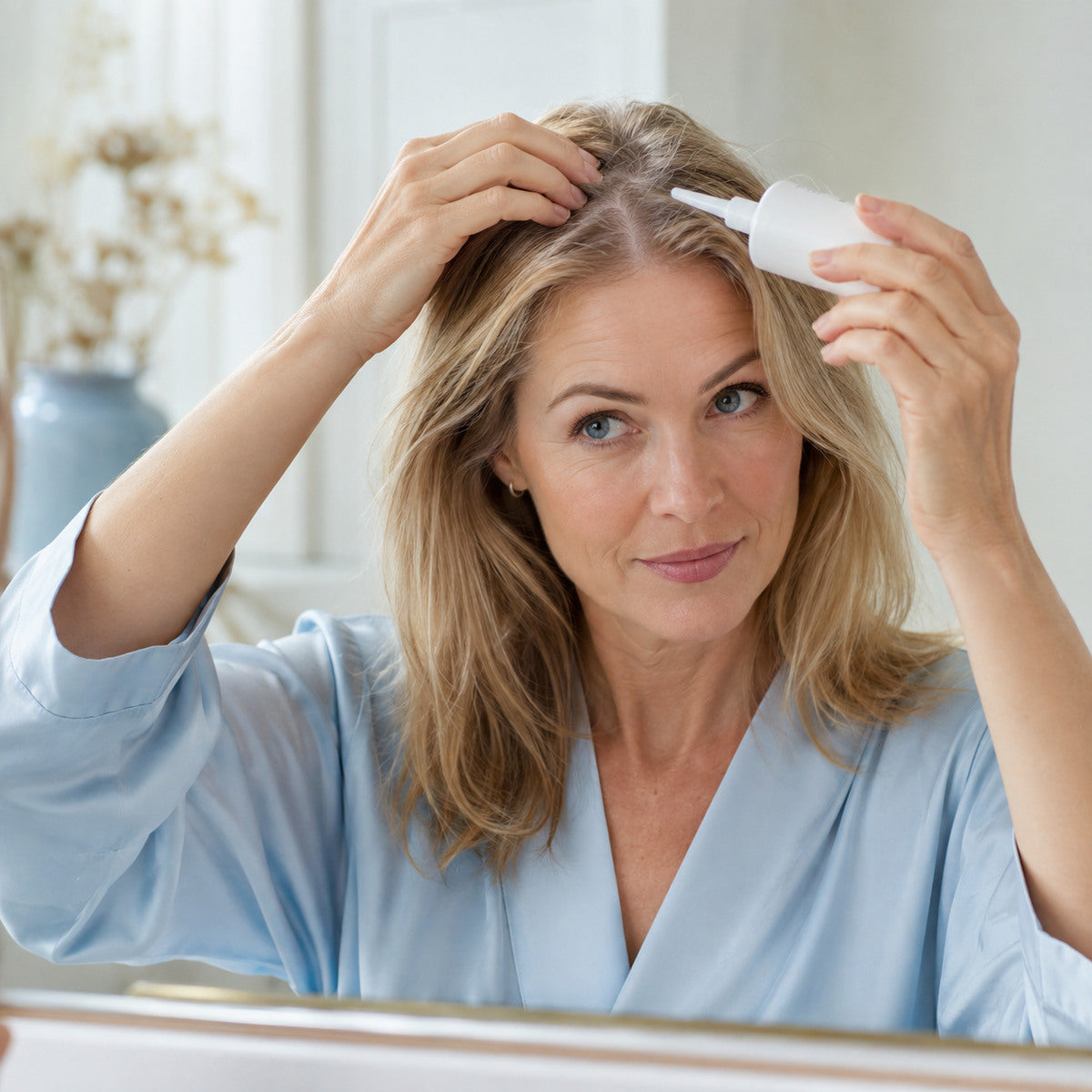 Eine Frau trägt Minoxidil sorgfältig auf ihre Kopfhaut auf.