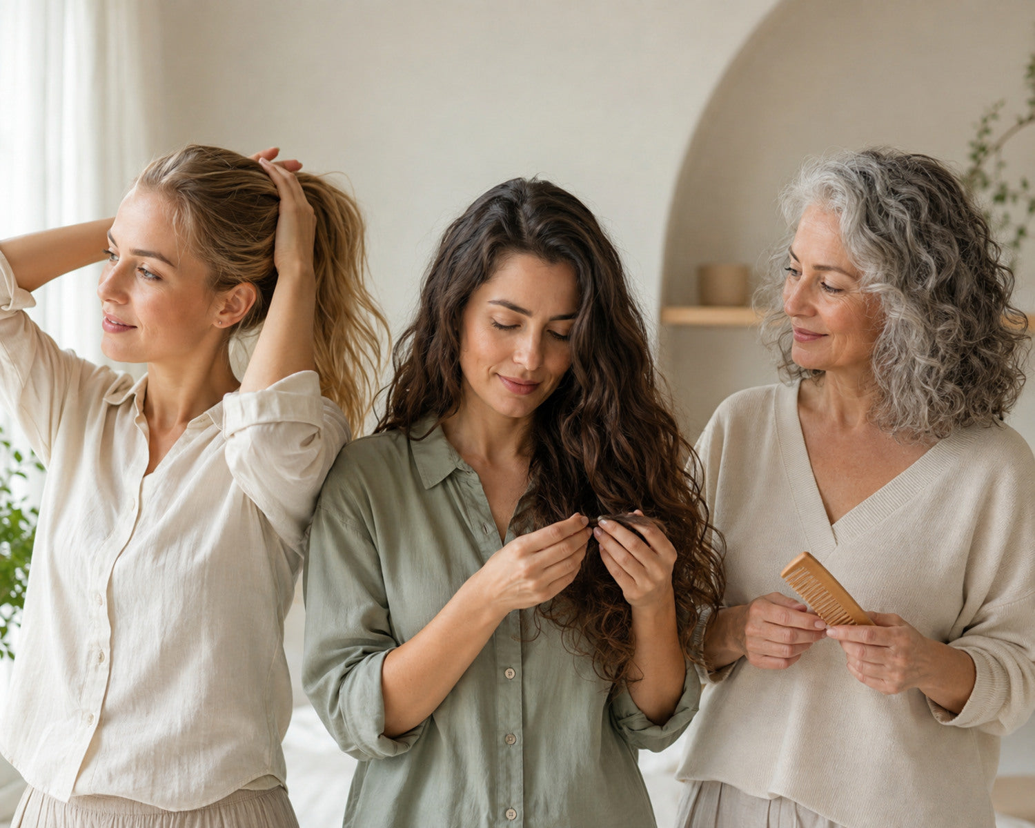 Frauen unterschiedlichen Alters und mit verschiedenen Haarprofile pflegen ihr Haar auf ihre eigene Weise.