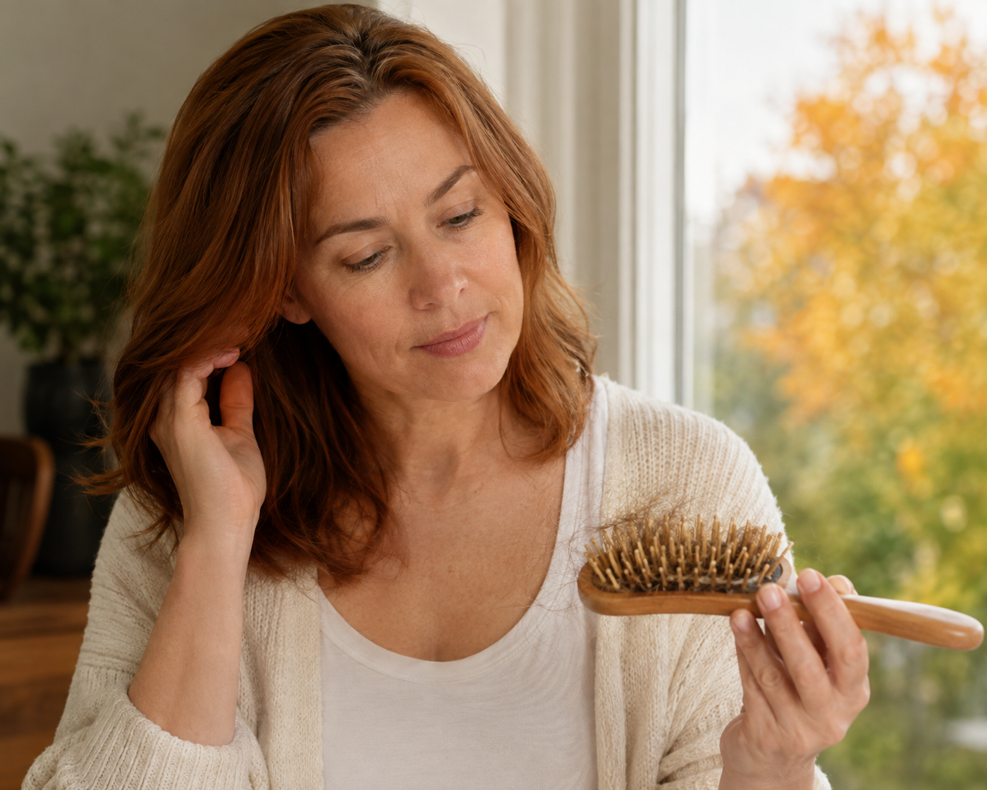 Eine Frau bemerkt im Übergang zum Herbst vorübergehend mehr lose Haare in ihrer Haarbürste.